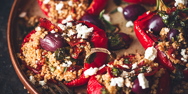 Poivrons farcis au riz, chorizo Palacios et fromage feta